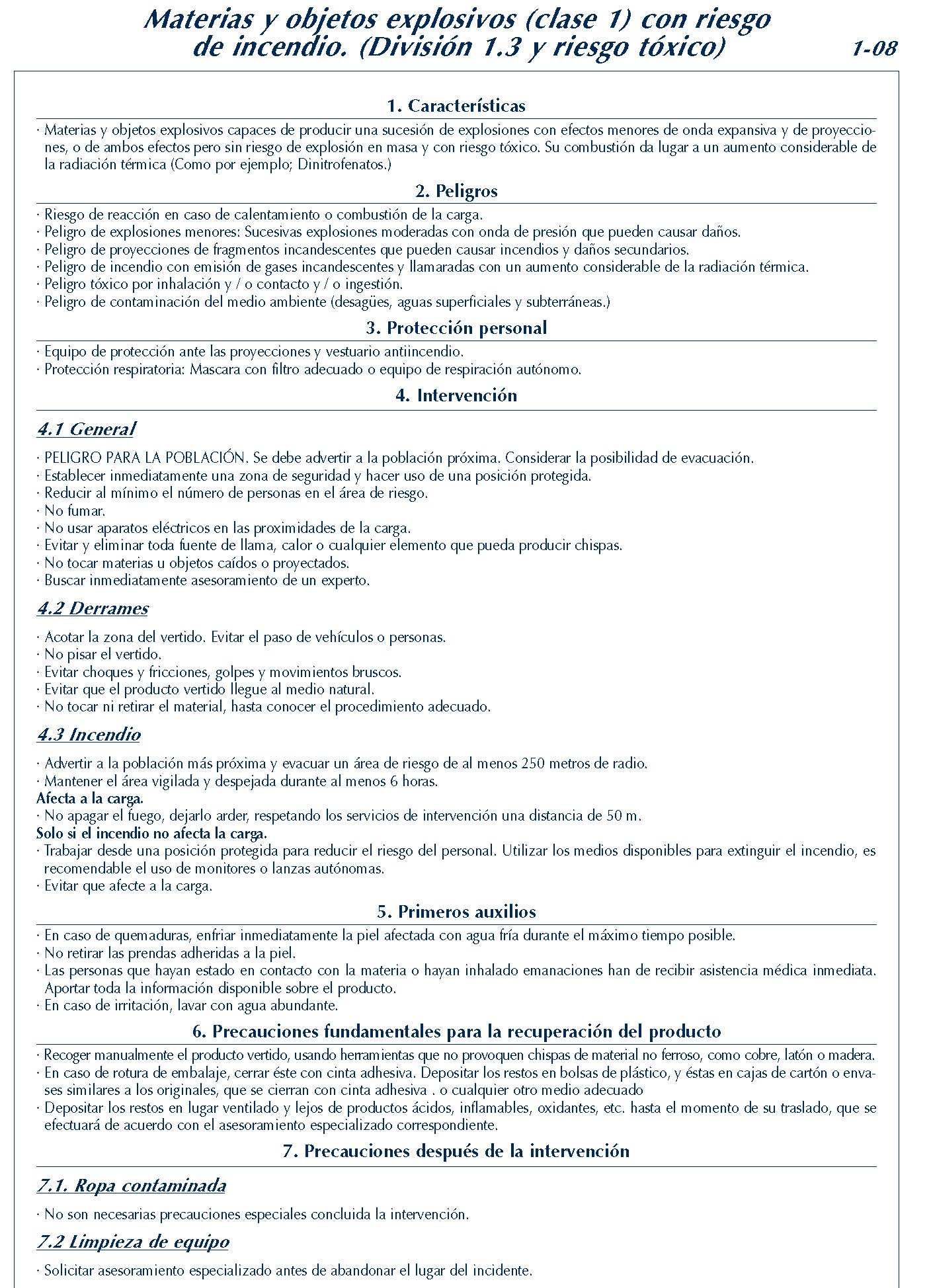 095 FICHA 1-08 CLASE 1 DIVISION 1.3 TOXICO FICHAS EMERGENCIA